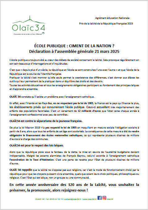 Image de l'article DECLARATION ASSEMBLEE GENERALE 21 MARS 2025
